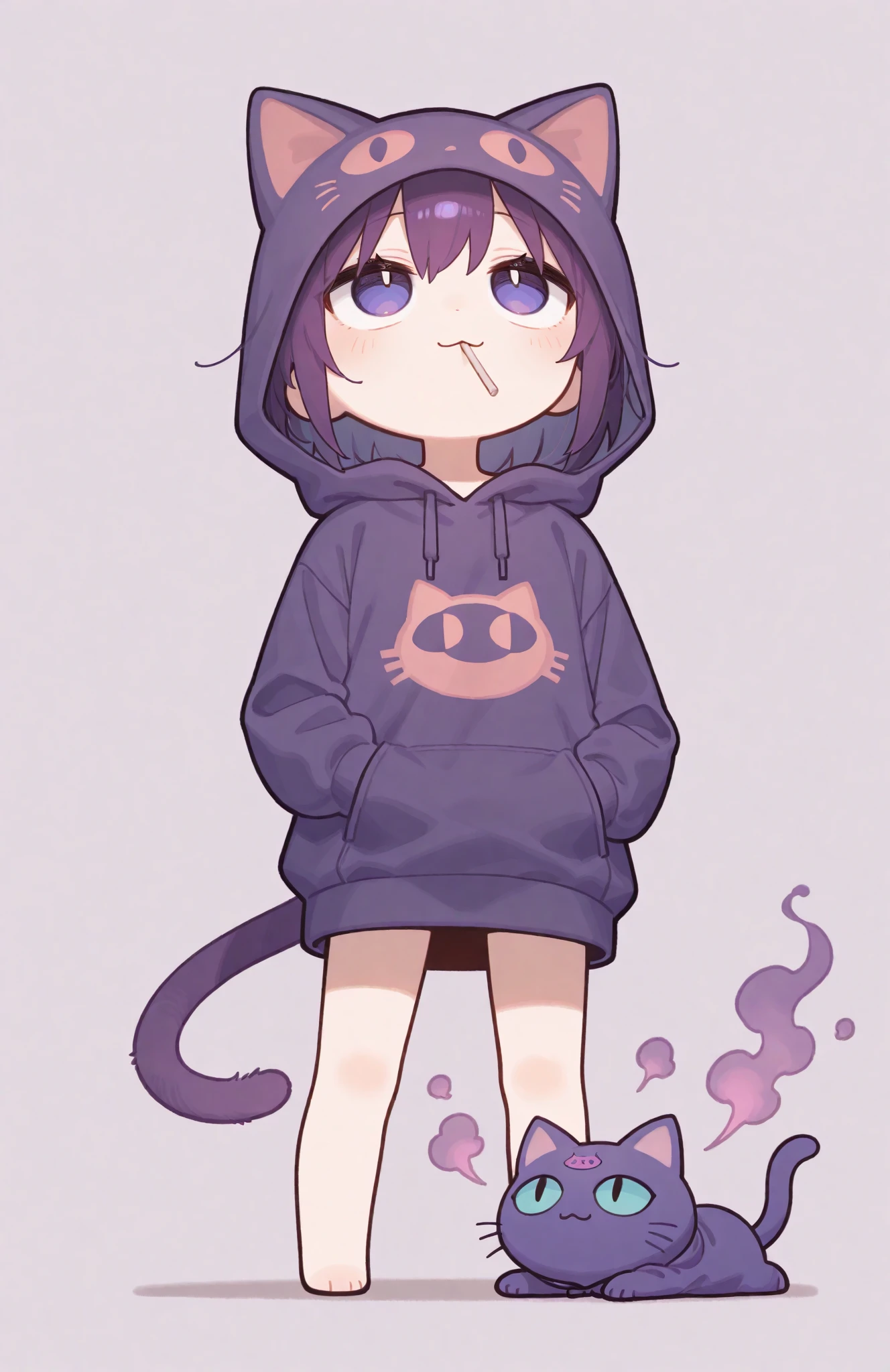 masterpiece, best quality,(Very Simple Drawing:1.2), (Deformation:1.0), (Comical:1.3), solo,1girl\((Chibi:1.4), Beautiful, Young, (purple Cat Hoodie:1.5),(purple Cat ear Hoodie\(cat face printed\):1.5),purple cat-tail,purple eyes,big eyes,detailed pupils, short white straw at mouth,(Good Mood:1.2), (Hands in Pocket:1.0),purple smoke from straw,sit on the ground,rough pose,looking up,looking away\), simple background