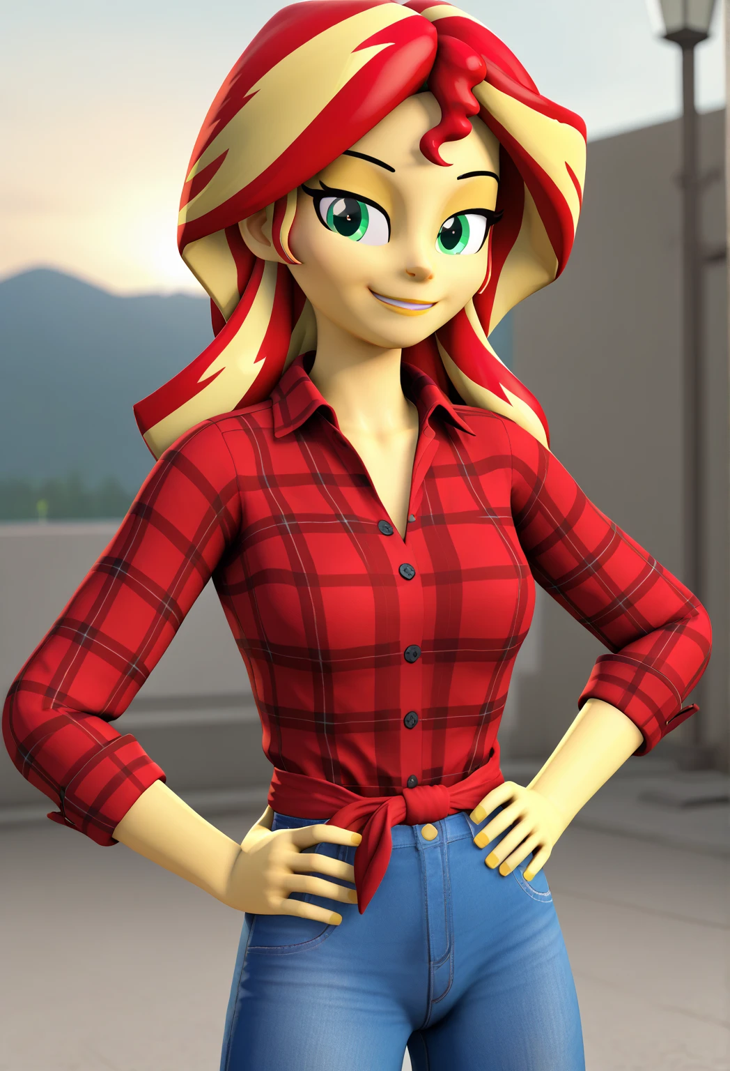 score_9, score_8_up, score_7_up BREAKSambaNekoStyle, sunset shimmer, 3d, sourcefilmmaker ,pestil, painterly hair, sharp contrasts, ,Sunset shimmerEQG, red hair , green eyes, yellow skin, red flannel collared shirt, rolled up sleeves, blue jeans, half body smile, hands on hips,  1girl, solo, red sneakers 