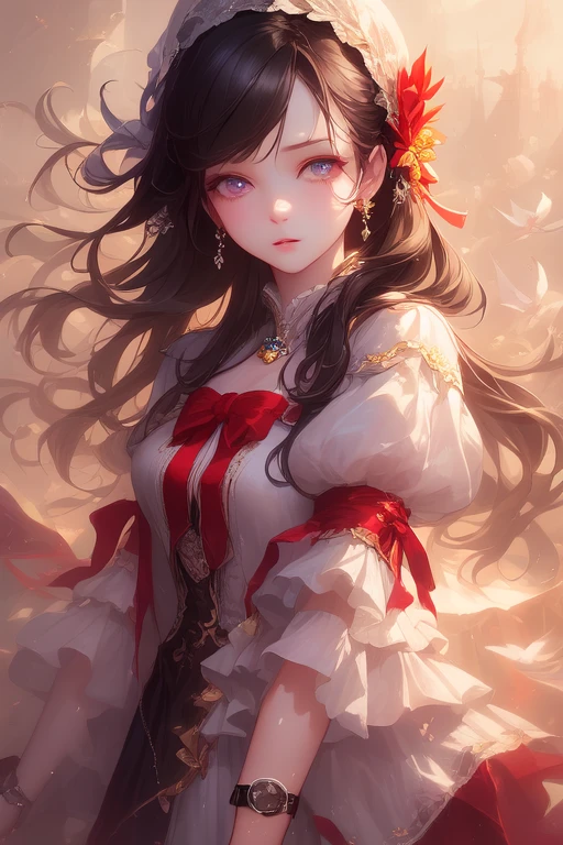  top quality , ( Photorealistic:1.2),  One Girl , Alone,  detailed face ,  focus on face ,  is standing,  black hair,( hair accessories:1.35),OL, Sleeves with bows ,  detachable sleeves , Ribbon trim,  wide sleeve , ( Watch Viewers :1.5)  long hair,  dark eyes, bangs, lips,