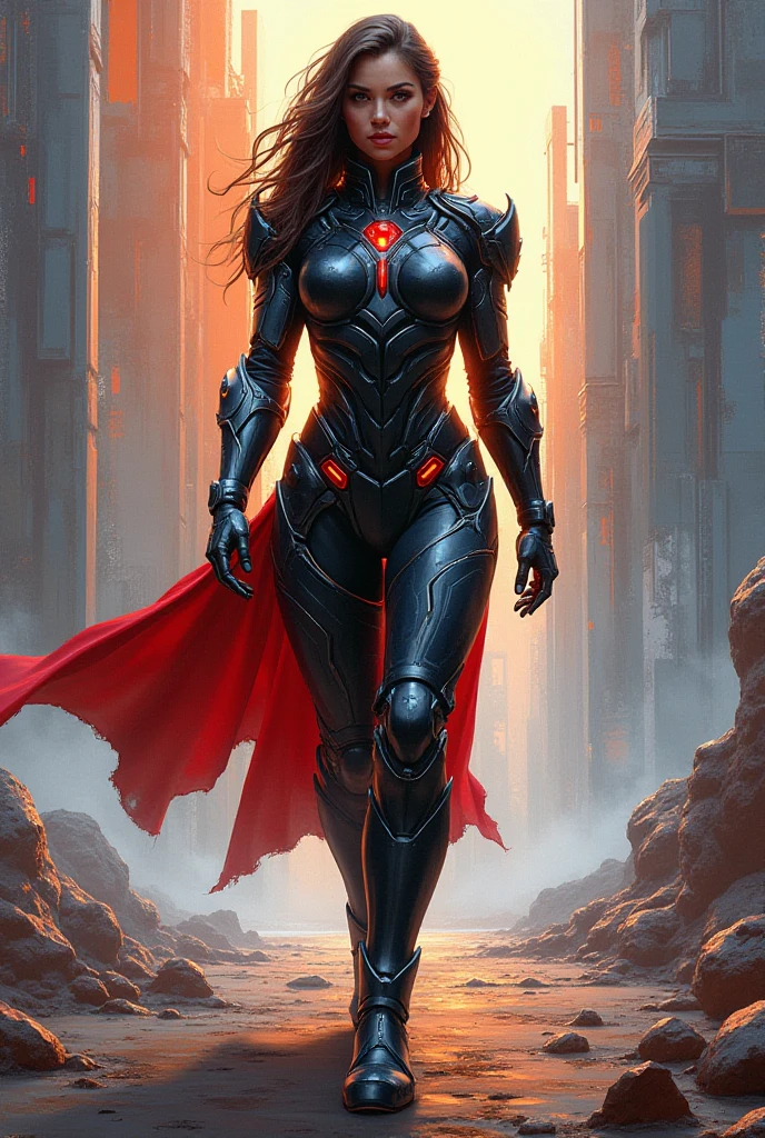 (1girl dressed as Batwoman, Batman dark knight style), is imposing in a lost gothic city. Moonlight highlights your muscles and scars. The scenery is lush and mysterious, with futuristic technology and surroundings. The camera details everything, a warrior woman, ultra detailed, 4k