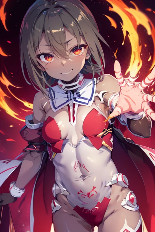 fantasy, 1devil_girl, low_teen, platina_blond_hair,long_bangs, bare_shoulder, navel out, thighhighs,silver_armor, red_clothes,waist_armor, Glebe, hold_swords, large_tits, dynamic_floating_pose,Floating,(pelvic_curtain:1.3), silver_Headgear ,looking_down_at_sunrise_city_sky_background,,slightly_spread_legs,solo,horn ,smile,,open_legs,open_arms,rise_knee,rise_leg,rise_thigh,rise_leg,apart_legs,fang,Shiny_gold_eyes,crotch
