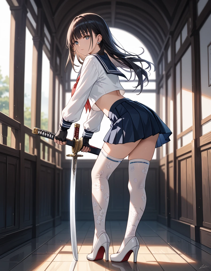 masterpiece, Highest quality, Sophia Estido, Barrette, Pink Shirt, corset, Pencil Skirt, stockings, Knee-high boots, standing, ((Holding a sword in his right hand)), Combat pose、Spread your legs、Bend both knees slightly、Quiz Formula, Looking at the audience, rocky coast, big, null, (Squat:1.5)、(Spread your legs:1.5)、((Showing white panties))、Good lift、Showing off a white bra、Troubled face、climax、Excited、close your eyes、Open your mouth、ahegao、Sword Drawing Technique, Battoujutsu、Red cheeks、Shirt lift、Place your heels on the ground