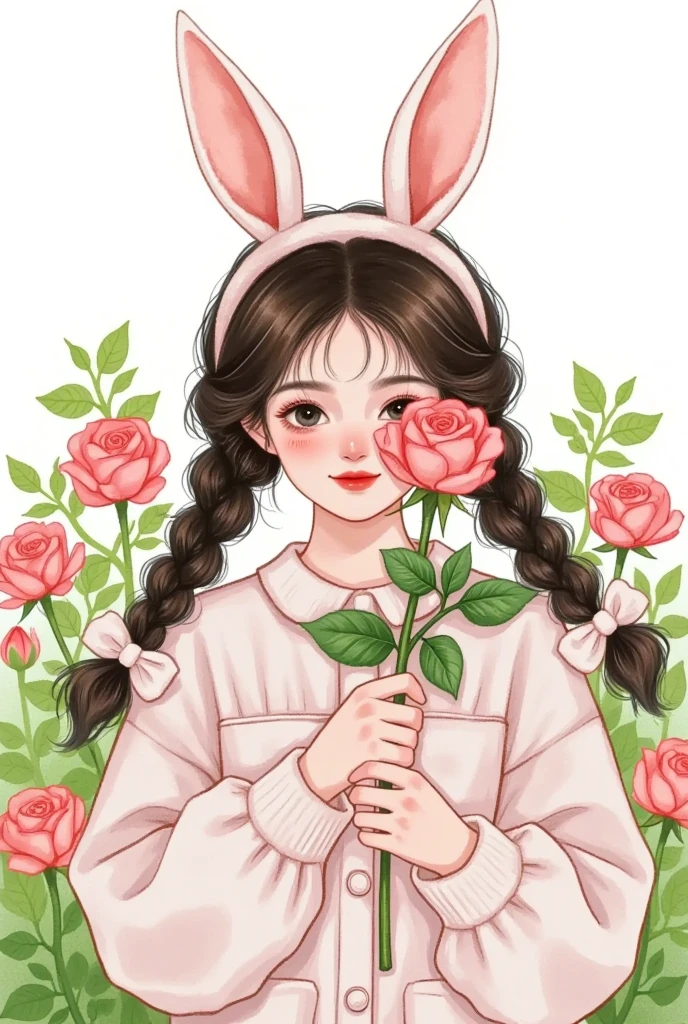 Watercolor， colored lead painting：A cute girl wearing rabbit ears, Holding a rose in one hand to cover one eye。spring