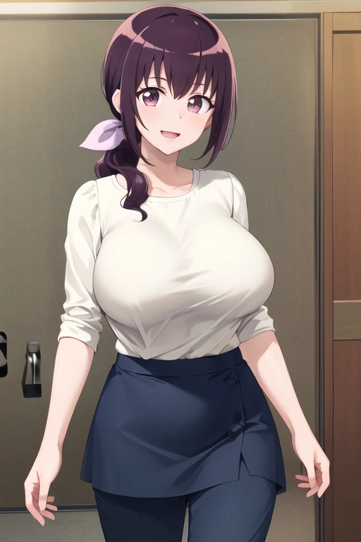 masterpiece,  top quality ,  high res, Hello 1,  purple hair,   purple eyes,  Big Breasts, hair bow,  skirt ,  pants,  white shirt,  cowboy shot , smile,  weaving,  open your mouth,