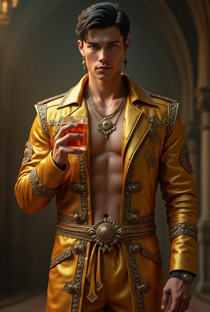 a surreal courtly photography, ultra-detailed, panoramic composition of subject and complete surrounding environment, handsome manly young topless christian hogue sitting on a throne, wears rich silks shorts and decorations, a crown on his head, Gold snake pattern tattoo , inspired by Cornelis Engebrechtsz, inspired by Nikolay Nikanorovich Dubovskoy, inspired by John Nelson Battenberg, inspired by Konstantin Westchilov, maximalist art nouveau, modern art nouveau, Artem Demura. Alphonse Mucha. Homem com asas de anjos