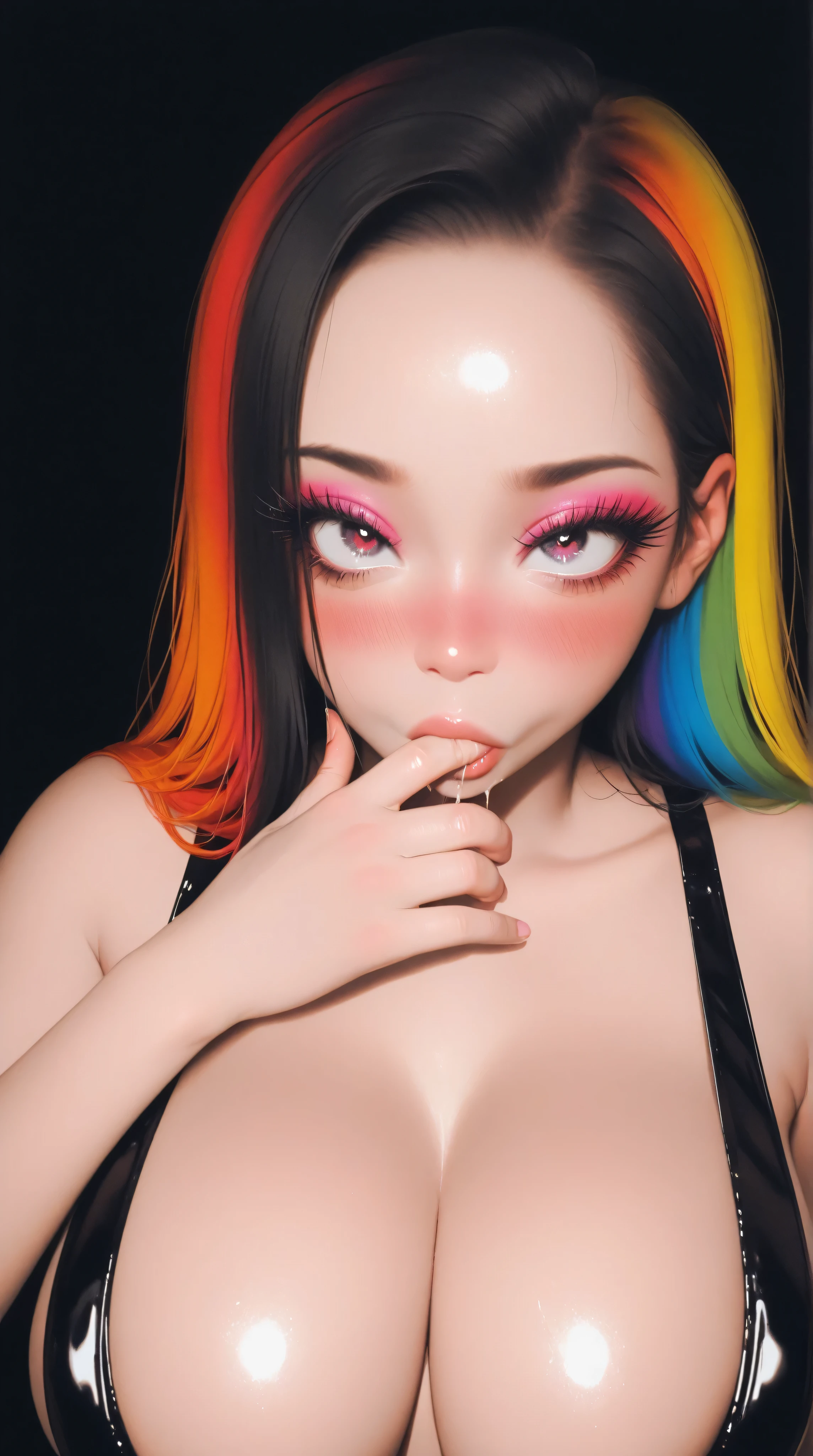 1girl, solo, goth ,short messy hair with long sides, short hair, eyeshadow, mascara, color: spectrum, vivid colors, rainbow hair , bright rainbow hair, medium breasts, indoors , highly detailed, cute, full body shot, bedroom, big breasts, ruffle trim, ahegao, rolling eyes, tongue, tongue out, long tongue, ahg, pale skin, ahegao face, pleasure, selfie, grin, messy hair