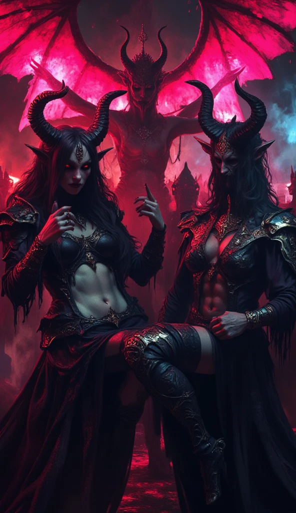 a group of demons celebrating a creepy new year party, detailed demonic figures, horns, glowing eyes, sharp teeth, dark fantasy, eerie atmosphere, neon lights, surreal, glowing effects, cinematic lighting, high contrast, moody colors, deep shadows