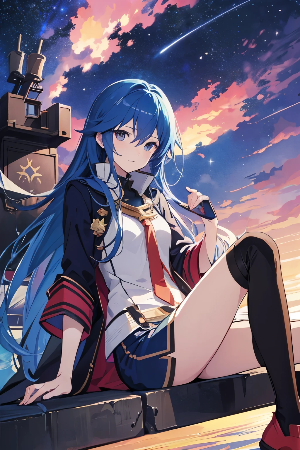 anime girl sitting on a battleship looking at the star trail, Cosmos Sky. By Makoto Shinkai, author：Kaneokase Kane, 《Fire emblem》Lucina, Anime style mixed with Fujifilm, During meteor storms, Beautiful anime artwork, Marin Kitagawa fanart, high detailed official artwork, Anime Sky, anime background key visual, Detailed key anime art, Beautiful anime art