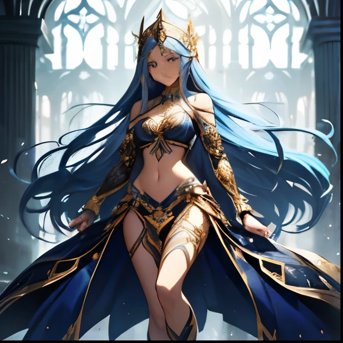 masterpiece, best quality, mythical, frozen queen, ancient armor, Pale skin, Blue skin, catacombs,