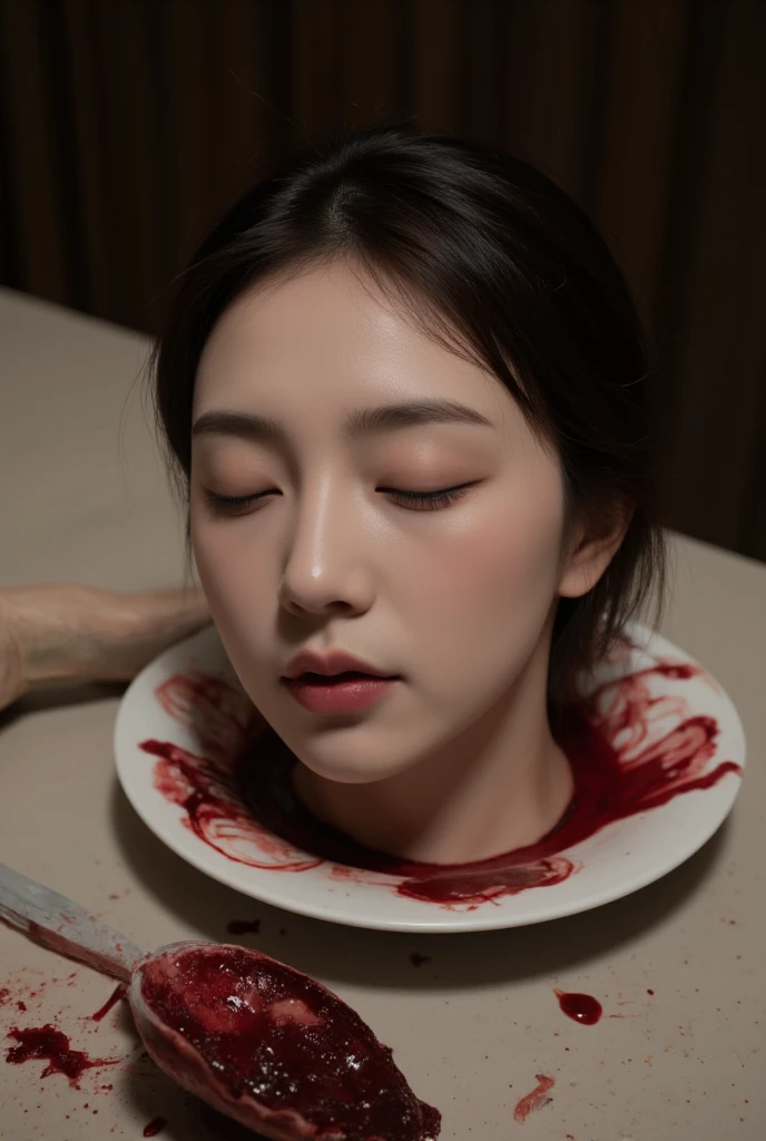   place the head of a decapitated woman , Asia,  Less blood stains   , ((  with eyes closed )),   like a dish on a plate  , Bloody,  actual , 4K, Nikon, fear