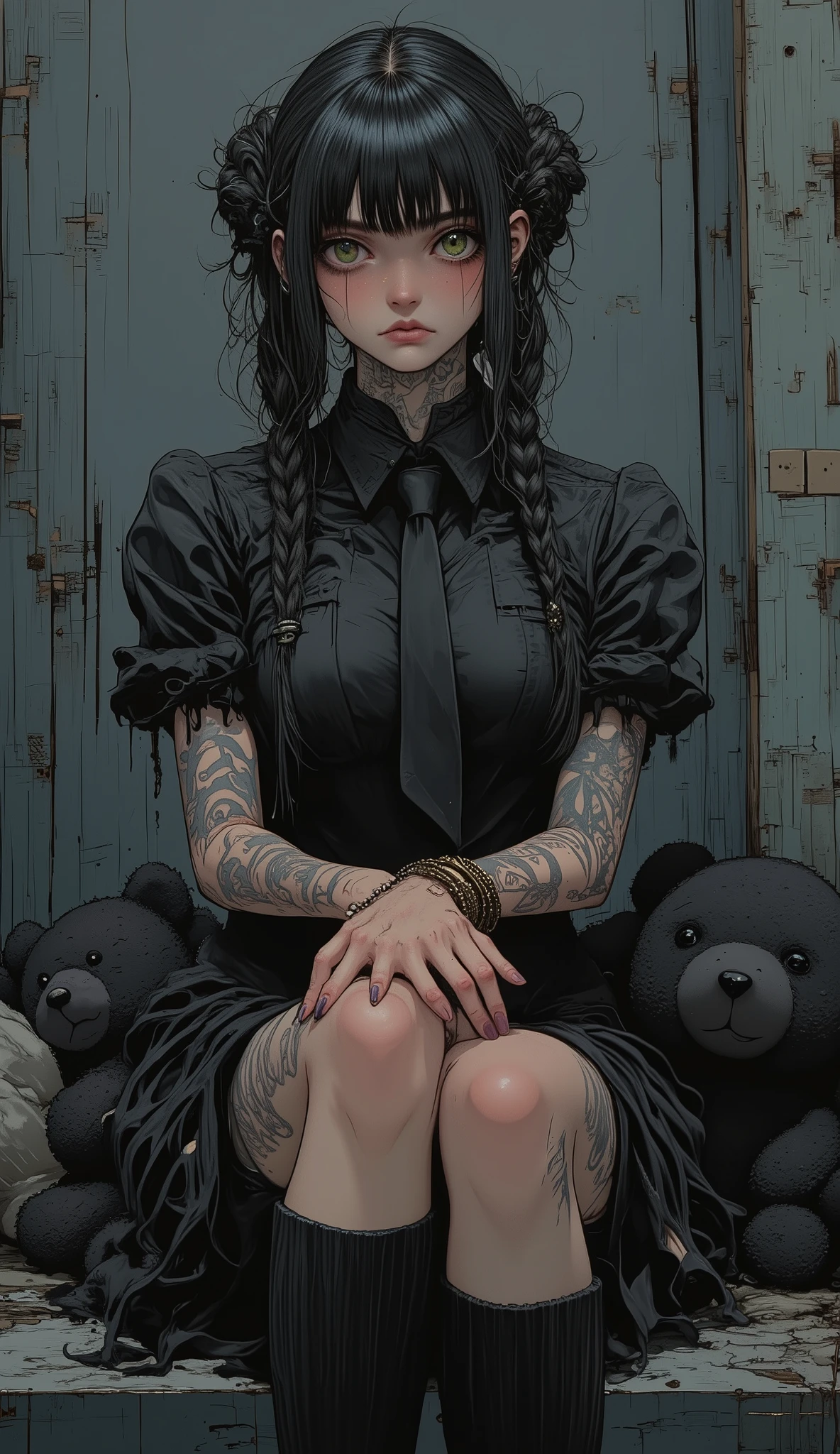 Manga style:1.5,  Close-up of a young woman with tattoos on her arms and left cheek,  bangs up to her eyebrows , light eyes,  her head tilted slightly downwards ,  looking at the camera ,  boucles sur les côtés de sa tête ,  wears long hair with braids Careful ,  Black hair,  boucles d'oreilles dans chaque oreille ,  elle appuie son menton avec les deux mains ,  she wears rings ,  tie suit on the top and shoulders , jupe courte moulante ,  long black media transparent , bracelets on their hands,  has a black teddy bear on her knees ,  gray background with different brushstrokes , gothic style:1.3, sombre,  Your expression is one of sadness  ,  digital art by Hikari Shimoda  , dans CGSociety  ,  surréalisme pop ,  low quality pop surrealism  ,  surréalisme pop  low quality art style, Beeple y Jeremiah Ketner,  Japanese pop surrealism  , Cute kawaii, low quality art,  bel art détaillé ,  illustration in the style of Guweiz  ,  surrealist pop art style 