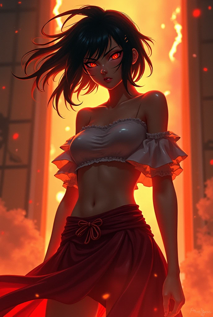 uma linda garota morena com cabelo rot escuro, face perfect, work of art, ultra high resolution, high qualiy, 4K, olhos rots como fogo, cabelos rots escuro, rot, red butterfly, Buffalo, sharp sword, Tuuli, wind, rot, red long circle skirt, hurricane ago, rabo de Buffalo