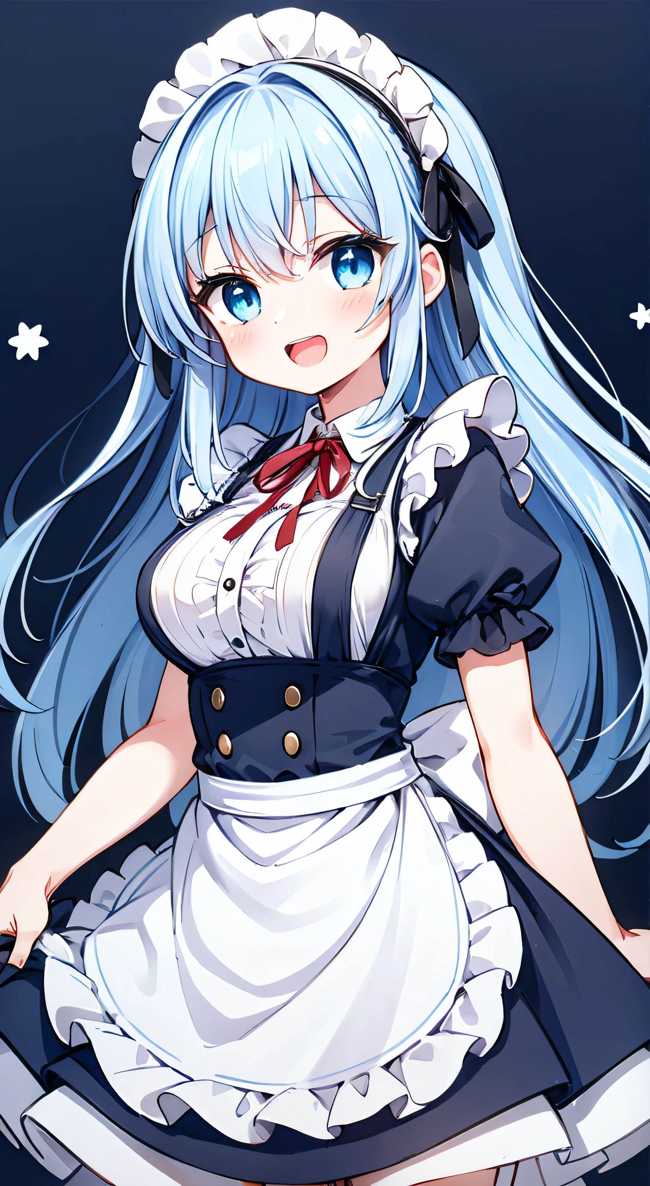   Top Quality , masterpiece,  blue hair,  long hair,  blue eyes, hair bow,  headband ,  red ribbon , ruffle dress,  black dress,  Puff Sleeve , Maid, Black Ribbon,  neck ribbon,  white shirt, button ギャップ, button, Expanding breasts,  Suspenders,  white apron,  waist apron, ,  short stack ,  happy , smile,  Anne Nuit,with open mouth, incoming hug, score_9,score_8_  up, score_7_  up,  shyness, shy, Red face, バスト  up