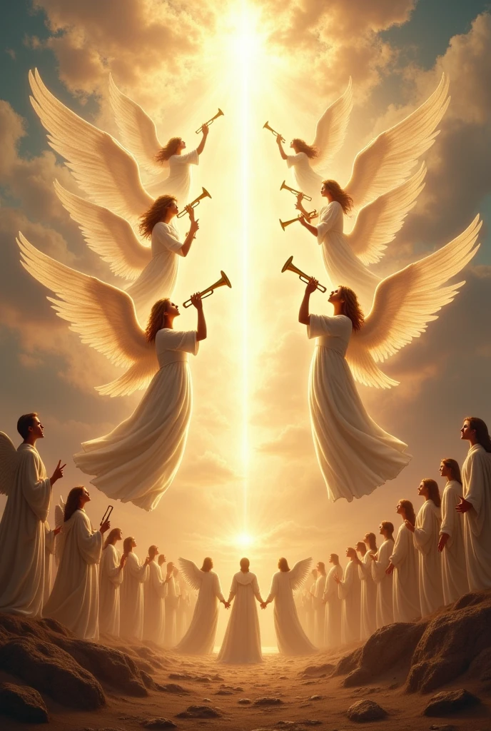  angels sound trumpets and sound like the sky that opens ,
Angels sing , music,  praise 
The heavenly melody fills the air ,
 And the earth bows in adoration to the God who is manifested