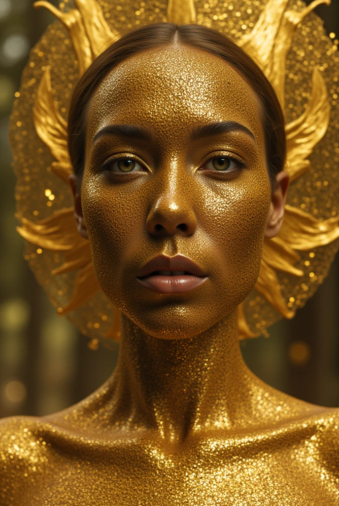 a female entity , whose skin color is gold with pale black in a spiritual form , with a height of approximately 3 meters , its eyes are the color similar to the core of a planet , it detonates a bright aura around it ,, it triggers a look of superiority , its anatomy is similar to the human one , But it's not that of a completely human, your body is , Her body is thin, its clothing that triggers desperation covers their entire body as if they were a particular of tiny matter that does not touch their skin but that is kept around it covering the individual is of a color