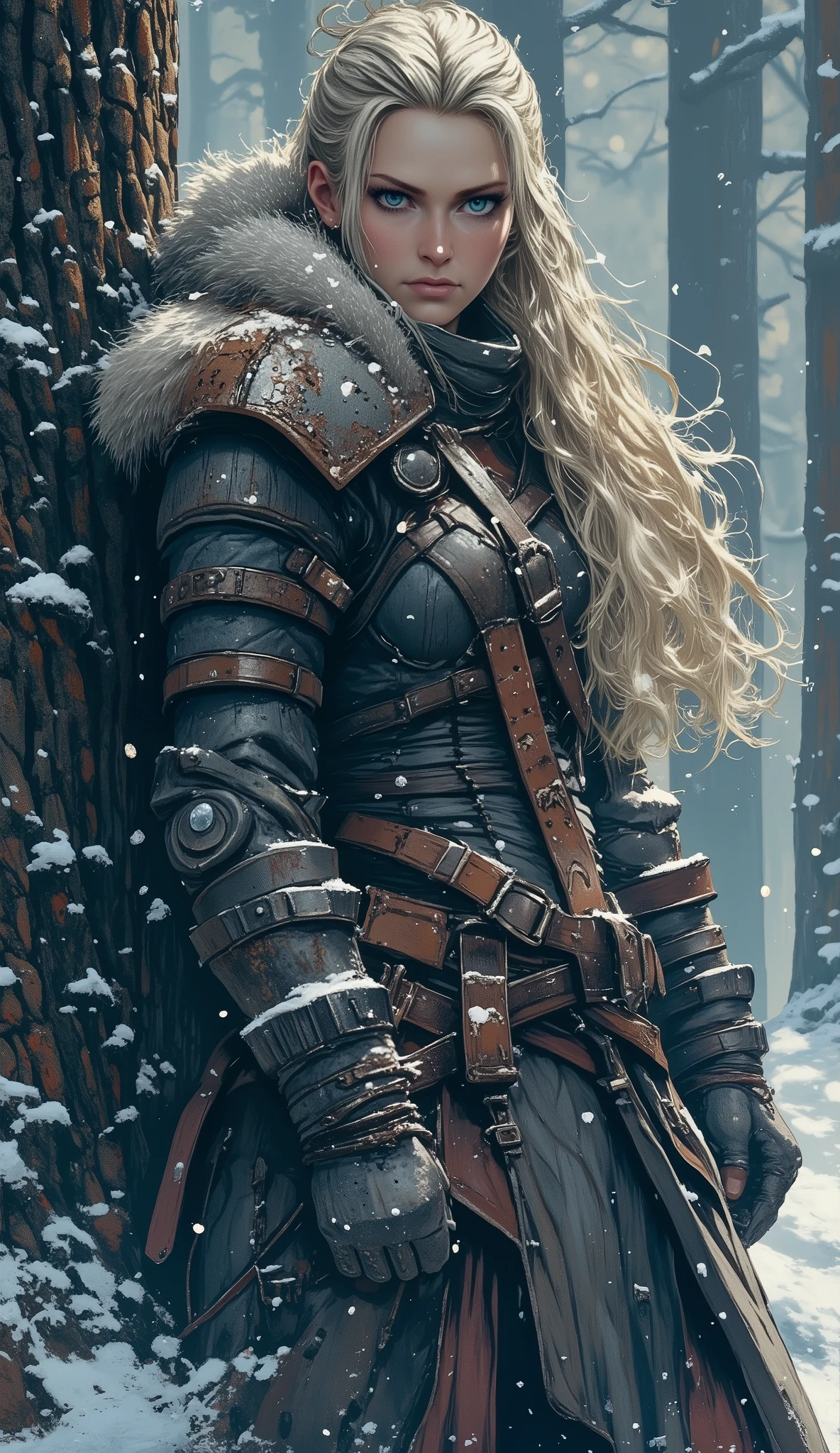 a fierce viking warrior woman with striking blue eyes and platinum blonde hair, standing in a Scandinavian winter forest, ultra detailed 8k highly realistic photo, dramatic lighting, cinematic composition, epic fantasy scene