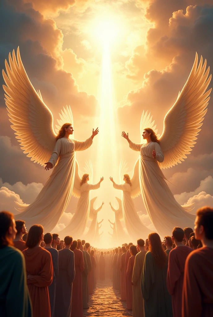  angels sound trumpets and sound like the sky that opens ,
Angels and various people announce and sing, music,  praise 
The heavenly melody fills the air ,
 And the earth bows in adoration to the God who is manifested