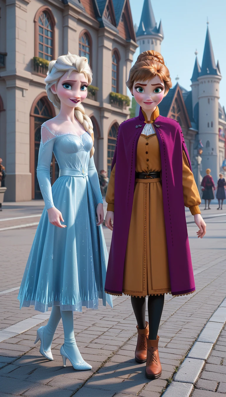 Anna and Elsa, 2 s, , SISTERS, together, anna,  looking at the spectator, Elsa, frozen, standing,  in front ,  looking at the spectator, whole body, two, sidewalk,  castle in the background, smile 