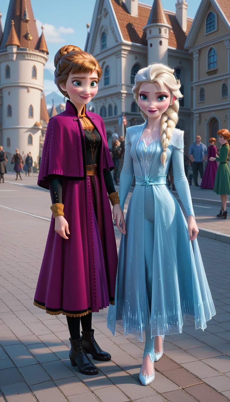 Anna and Elsa, 2 s, , SISTERS, together, anna,  looking at the spectator, Elsa, frozen, standing,  in front ,  looking at the spectator, whole body, two, sidewalk,  castle in the background, smile 