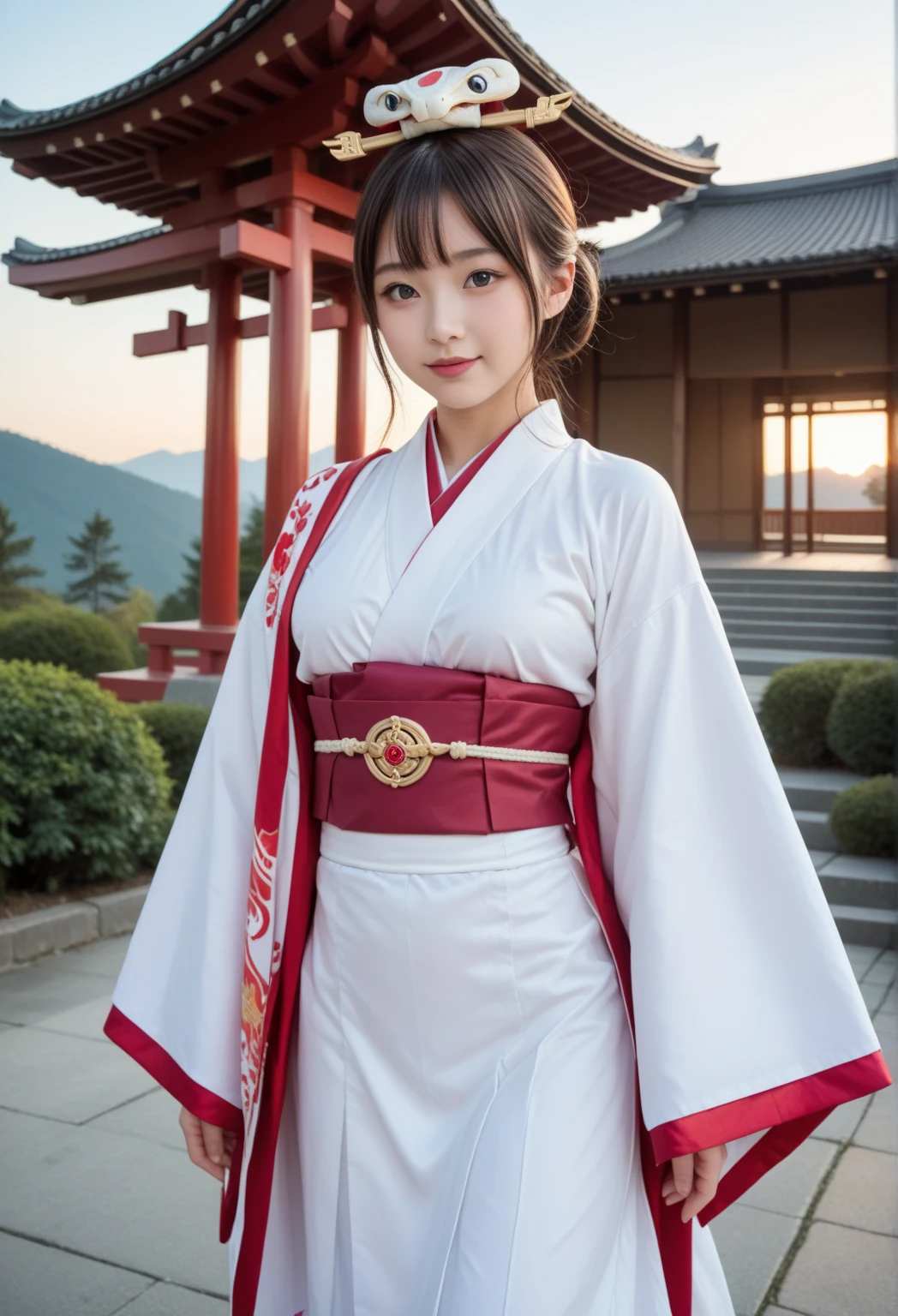 A mystical scene at the summit of Mount Fuji during sunrise, featuring a realistic white snake as a divine messenger. The background is fantastical and glowing with a radiant, ethereal atmosphere. A cute young woman dressed as a traditional Japanese shrine maiden (miko) gracefully stands in the scene. No text is included.