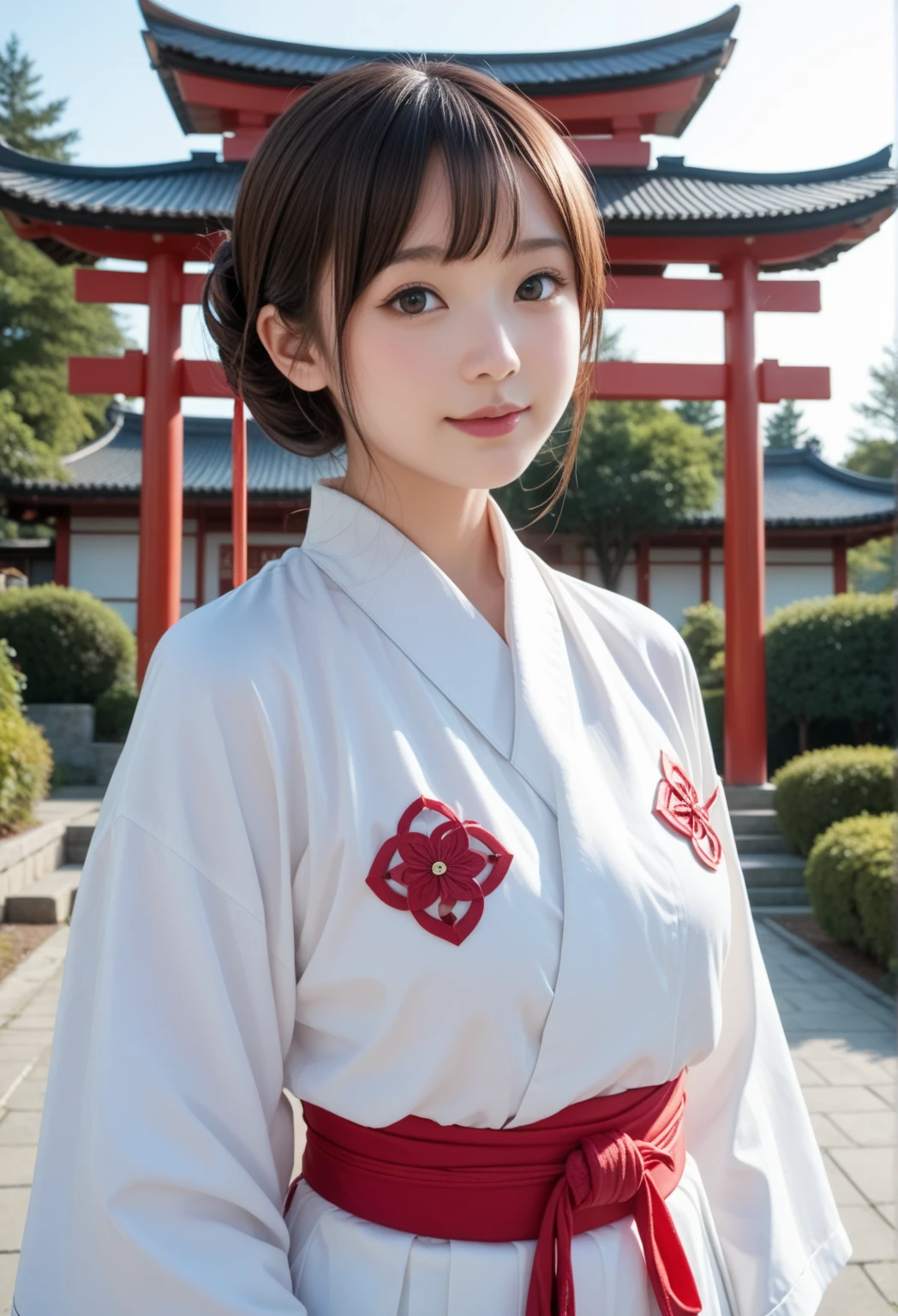 A mystical scene at the summit of Mount Fuji during sunrise, featuring a realistic white snake as a divine messenger. The background is fantastical and glowing with a radiant, ethereal atmosphere. A cute young woman dressed as a traditional Japanese shrine maiden (miko) gracefully stands in the scene. No text is included.