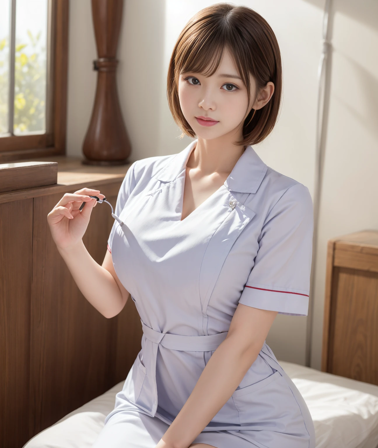 (highest quality、8K、32k、masterpiece、UHD:1.2)、photo of cute japanese woman、1 girl、(dark brown medium short hair)、(huge tit)、double eyelid、Take off your white nurse uniform、little white nurse (cap) 、White sheer underwear、full body esbian、Sexy