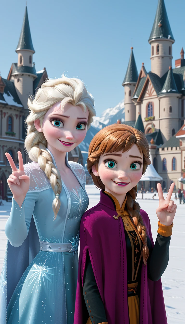 Anna and Elsa, 2 s, , SISTERS, together, anna,  looking at the spectator, Elsa, frozen,  looking at the spectator,  front view ,  castle in the background, smile, just the face, peace sign 