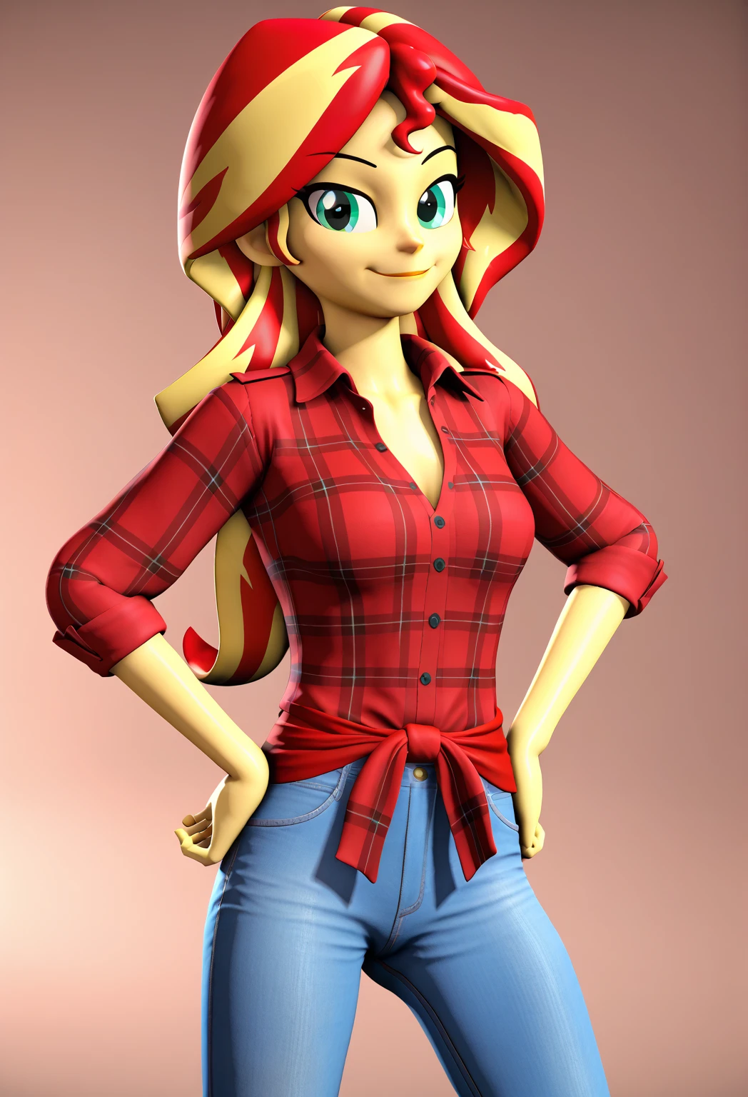 score_9, score_8_up, score_7_up BREAKSambaNekoStyle, sunset shimmer, 3d, sourcefilmmaker ,pestil, painterly hair, sharp contrasts, ,Sunset shimmerEQG, red hair , green eyes, yellow skin, red flannel collared shirt, rolled up sleeves, blue jeans, half body smile, hands on hips,  1girl, solo, red sneakers 