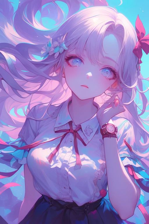 (  Details beautiful eyes and   Details face, masterpiece side light, masterpiece,  top quality ,   Details,  High Resolution Illustration ), ( 1 girl,  beautiful girls,  Shiny Skin,  Look Down,  Watch Viewers ), (  long sky blue hair , pink eye,  skirt , ribbon,  button-down shirt ) 45 degrees,  top view ,   sideways, (Hand Details )