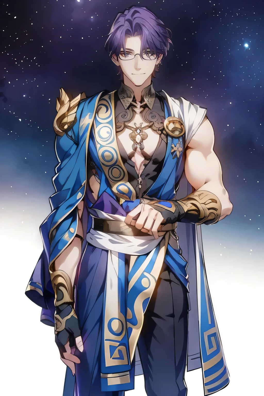  1 boy, handsome face with glasses,  perfect male figure purple hair，  Sexy Body，（ red eyes），  looking at camera, Smile,masterpiece,Super realistic 8k ,Half Body, portrait,  ray tracing ， transparent background，Greek style