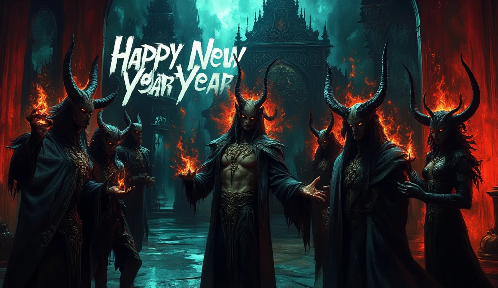 a group of demons celebrating a creepy new year party, detailed demonic figures, horns, glowing eyes, sharp teeth, dark fantasy, eerie atmosphere, neon lights, surreal, glowing effects, cinematic lighting, high contrast, moody colors, deep shadows, bige text "happy new year"