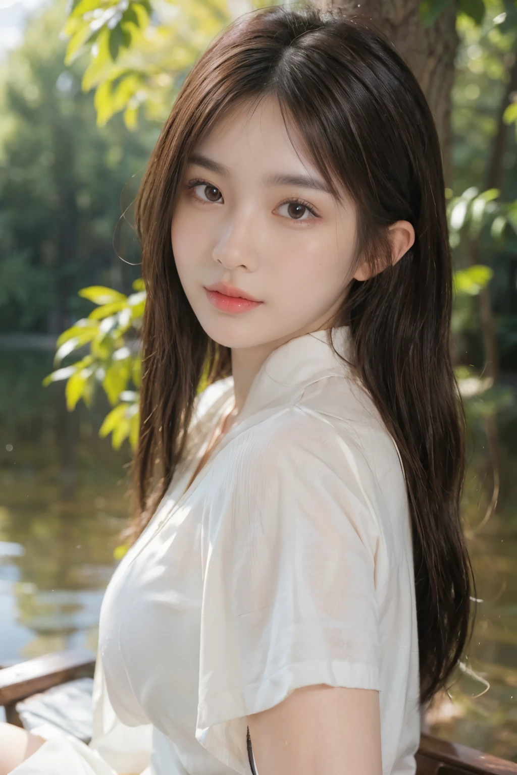 (((​masterpiece))), top-quality, Extremely detailed, Detailed background, 
bird's eye view, 18mm wide lens, long shot, A bench by a quiet lake in the forest, sitting, Very beautiful girl, japanese, ,  Detailed face, bangs, (Full body:1.3), (random hairstyles :1.2), (Young Face), (Perfect body:1.1), blouse, skirt, autumn, in 8K, Wallpaper, amazing, finely detail, Ultra-detailed, 超A high resolution, Extremely detailed, Pure erotic face, extremely detailed eye and face, Beautiful detailed eyes, highly detailed skin, No makeup, (Natural Skin),