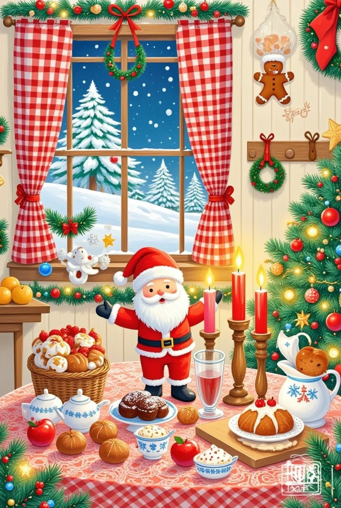 Pastel Art，Christmas illustration  ，Plaid curtains  ， The kitchen tablecloth is covered with bread 、cake、candle、Glass、Christmas tree、Gingerbread Man、  apples、tableware、  hanging socks and Christmas wreaths on the wall in the lower right corner {x}。  Santa 。  lined with bread  "Jenny"
。Words "Jenny"