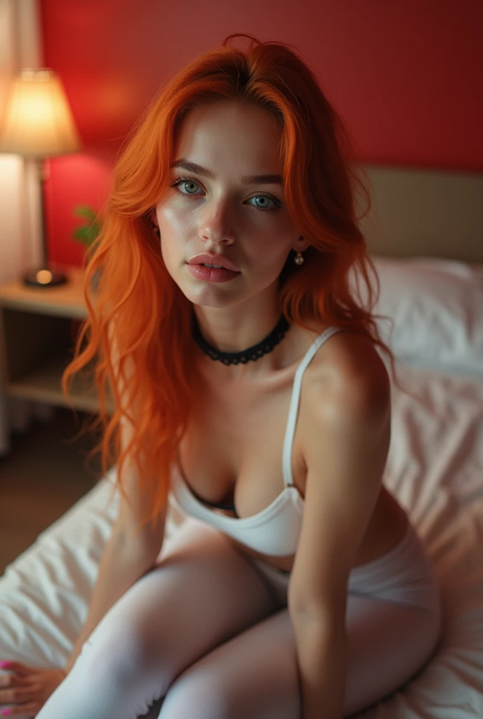 a 22 year old woman, serious expression and striking appearance. My hair (long pastel neon red hair, contemporary and futuristic look) frames my face and highlights my very very large blue eyes and brighter than a normal human being, magnetic brightness. My full lips are slightly parted, as if I'm about to say something. Her button nose is redder than the rest of her pale skin. My colored eyebrows are thick and dark, giving me a bold look. My cheekbones are high and defined and my eyelashes are long and curled. Her lips, painted in bold shades of bright orange. Their chromatic intensity completes the extraordinary ensemble, giving an aura of glamor and refinement to this girl with a memorable face.
she is doggy style, on all fours, while she looks with her face di lei at the camera, wearing a sexy white lingerie, showing rounded thick ass