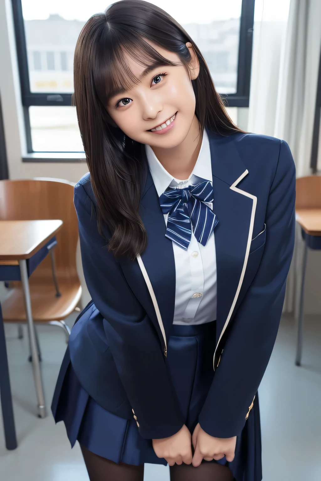 highest image quality taken by Ki、HDR、(( navy blue jacket ))、((Long tight skirt that hides the knee in plain navy blue ))、White blouse、((navy blue plain large bow tie))、((( black pantyhose)))、(( black loafers))、((Standing figure up to the knee ))、 cute high school girl with long hair and tentacles、Height: 160cm、 smile like an idol、 smiling and smiling、 professional writing、((Inside a high school classroom))、(( highest image quality taken by Ki)),((Beautiful double eyelids ))、( Long Lashes )、((( The blazer and skirt are the same dark blue color and the material is the same)))、(( dark brown shiny hair ))、((Model Face Change ))、(( Ribbon Design Change))、((No handkerchief))、 very short hair、G-Cup、(( best smile ))、As cute as a popular idol、((The jacket and skirt are the same color))、(( front angle ))