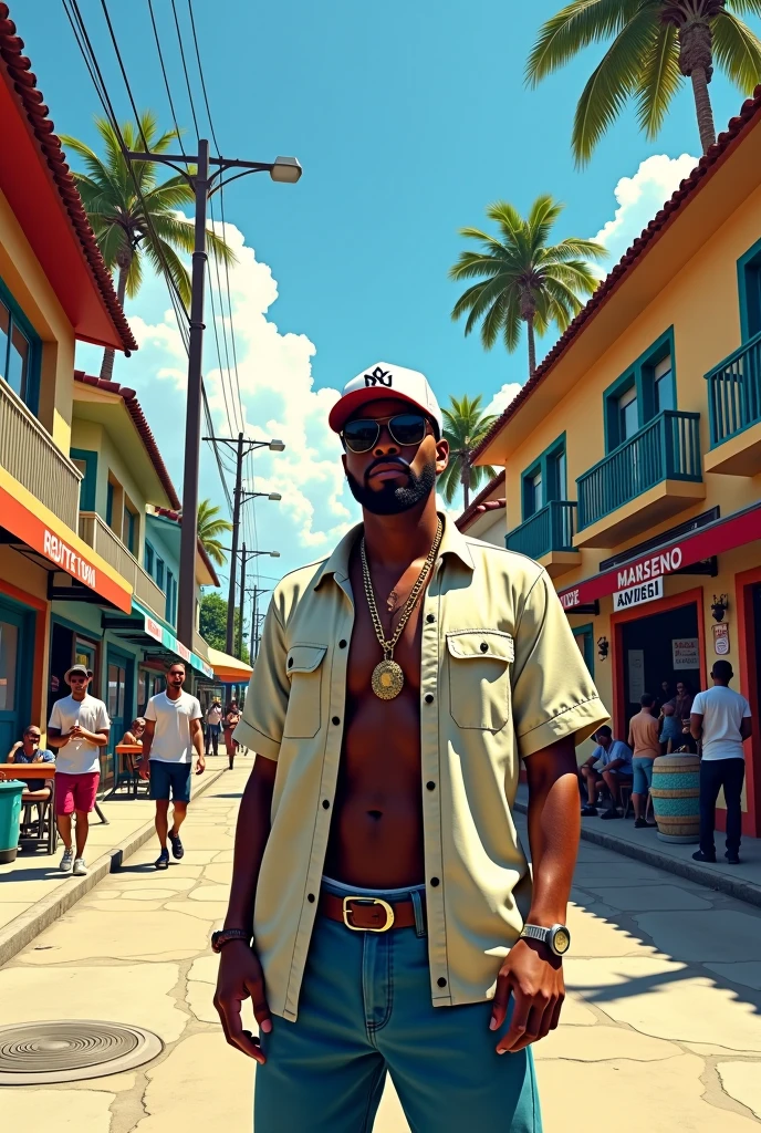 1man puerto rican ((dark skin)) gta style in old san juan beard fade hair cut  nice edge up gold chains gold esrings full body  portrait((,animation)) hands in pocket urban clothing black and red holding a massive pitt bull with a thick chain leash and a sexy lady next to him micro clothing 
