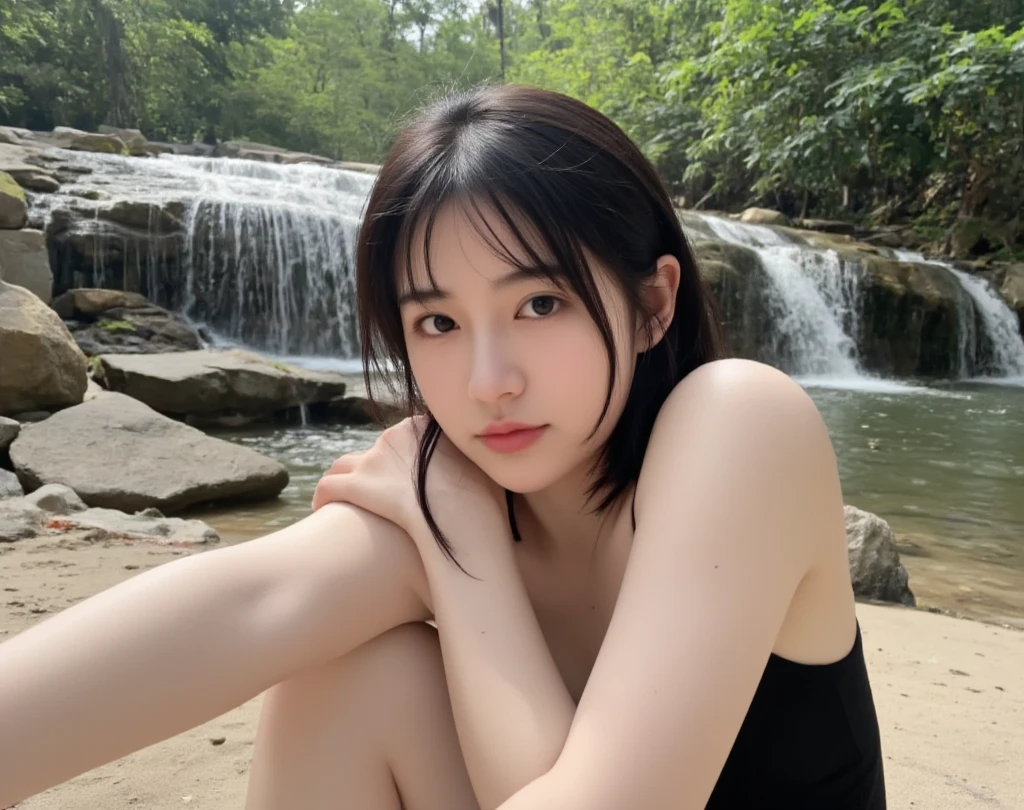  one naked woman showing only her upper body 。There are no other people other than the cameraman 。near a natural waterfall、It's all wet from my hair。 looking annoyingly at the man pointing the camera。Armpits are visible。 underarm hair has been treated cleanly and is smooth 。