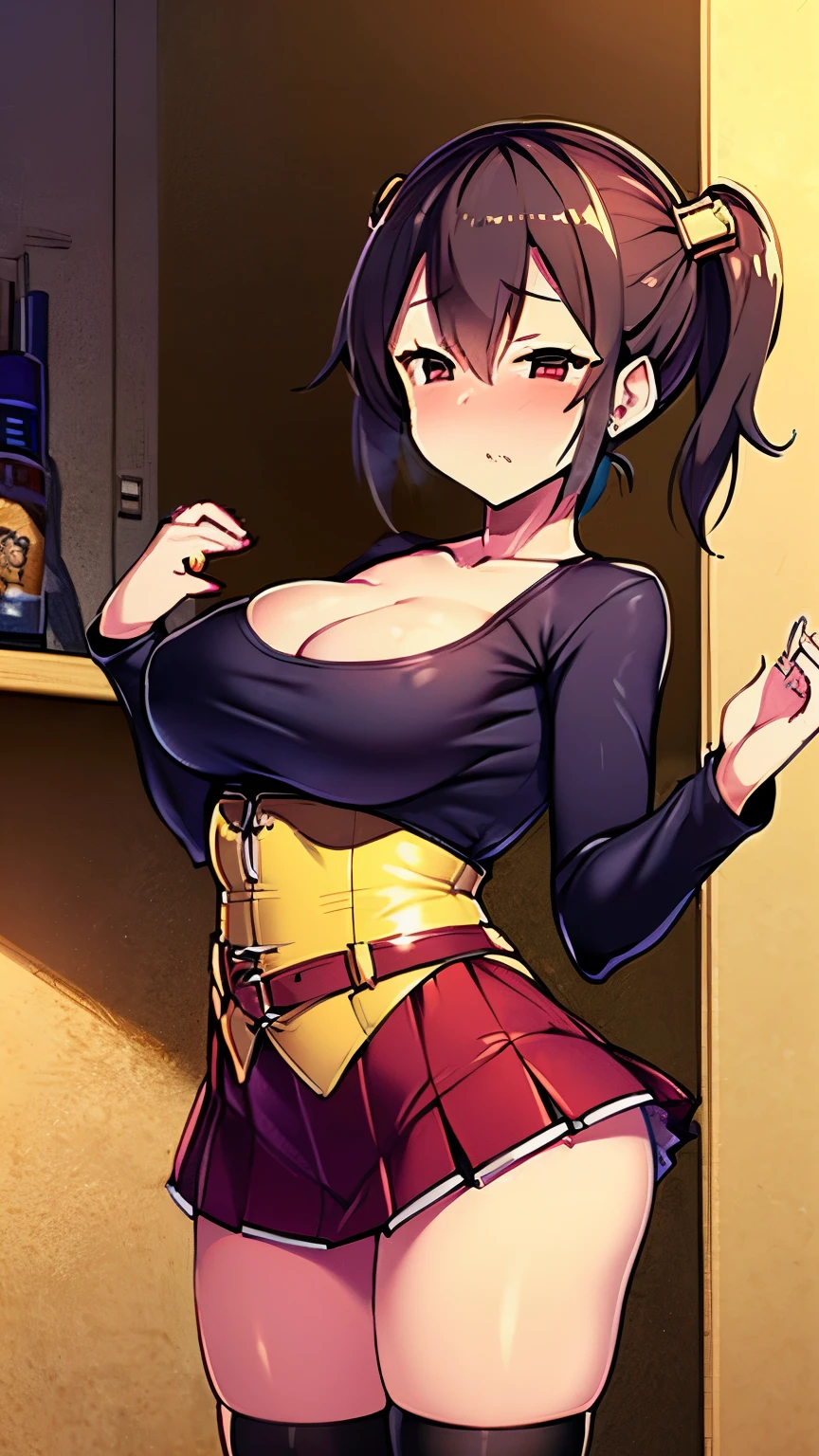 RPG game tool shop daughter, super pleading expression, one-piece mini skirt, cleavage,