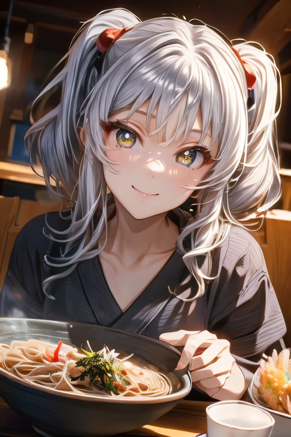 ruri_a, twin tails, silver hair, golden eyes, smiling face, yukata, (li, small, super cute cute:1.3),
sitting on a chair, eating soba noodles with chopsticks, tempura soba noodles, steam,
winter, night, orange lighting, electric stove,
masterpiece, noise reduction, perfect anatomy, high resolution, super detailed, super detailed face, game CG, dutch angle, beautifully detailed eyes, visual art, five fingers, perfect hands, perfect lighting, shining pupils,