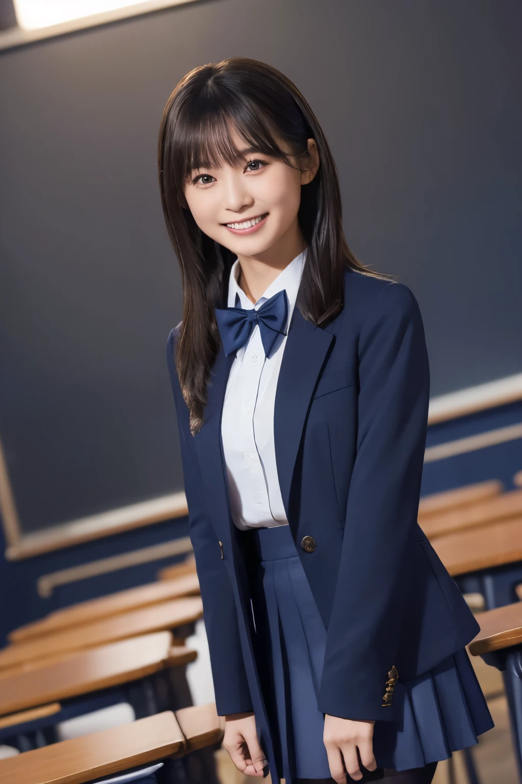 highest image quality taken by Ki、HDR、(( navy blue jacket ))、((Long tight skirt that hides the knee in plain navy blue ))、White blouse、((navy blue plain large bow tie))、((( black pantyhose)))、(( black loafers))、((Standing figure up to the knee ))、 cute high school girl with long hair and tentacles、Height: 160cm、 smile like an idol、 smiling and smiling、 professional writing、((Inside a high school classroom))、(( highest image quality taken by Ki)),((Beautiful double eyelids ))、( Long Lashes )、((( The blazer and skirt are the same dark blue color and the material is the same)))、(( dark brown shiny hair ))、((Model Face Change ))、(( Ribbon Design Change))、((No handkerchief))、 very short hair、G-Cup、(( best smile ))、As cute as a popular idol、((The jacket and skirt are the same color))、(( front angle ))