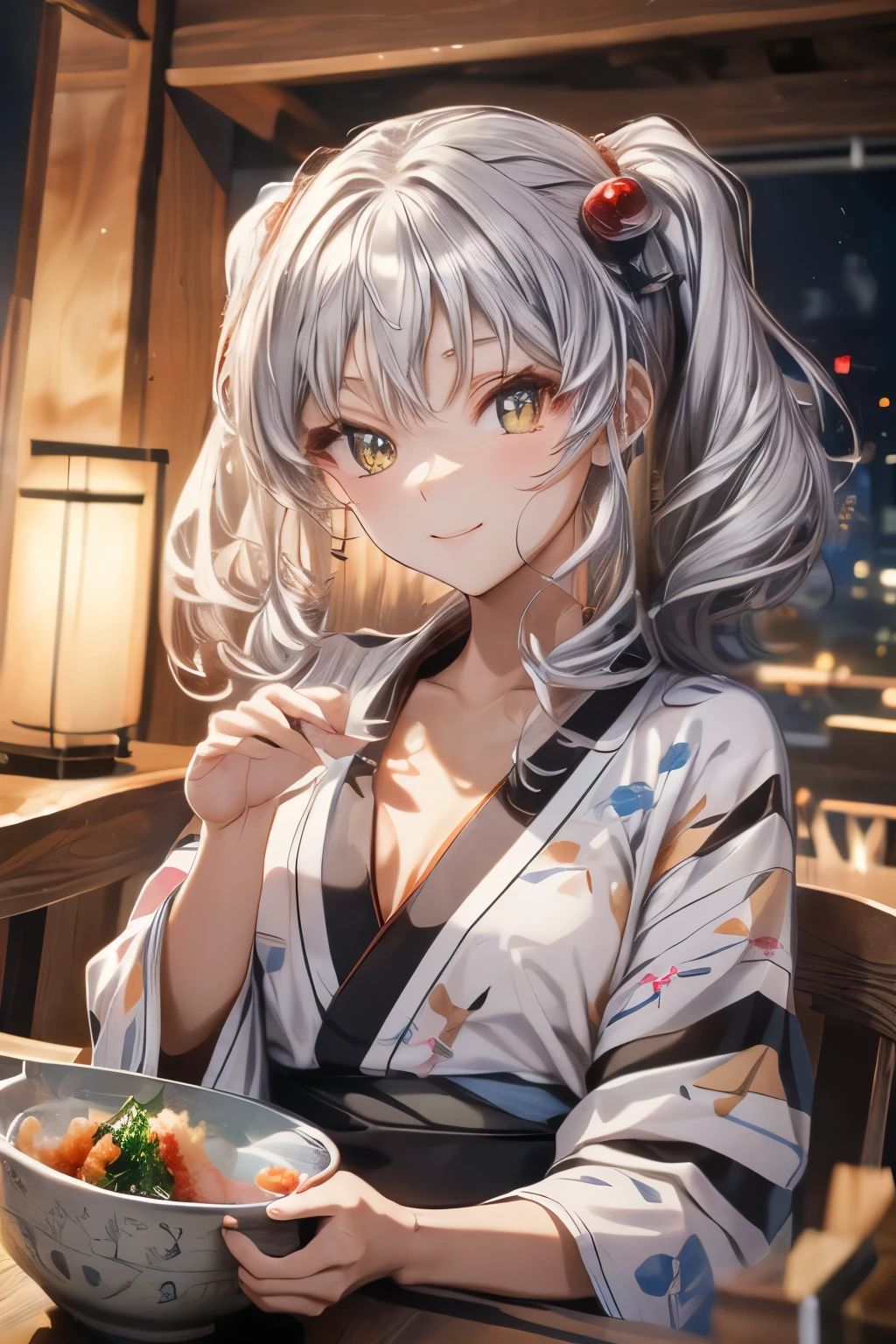 ruri_a, twin tails, silver hair, golden eyes, smiling face, yukata, (**li, small, super cute cute:1.3),
sitting on a chair, eating soba noodles with chopsticks, tempura soba noodles, steam,
winter, night, orange lighting, electric stove,
masterpiece, noise reduction, perfect anatomy, high resolution, super detailed, super detailed face, game CG, dutch angle, beautifully detailed eyes, visual art, five fingers, perfect hands, perfect lighting, shining pupils,