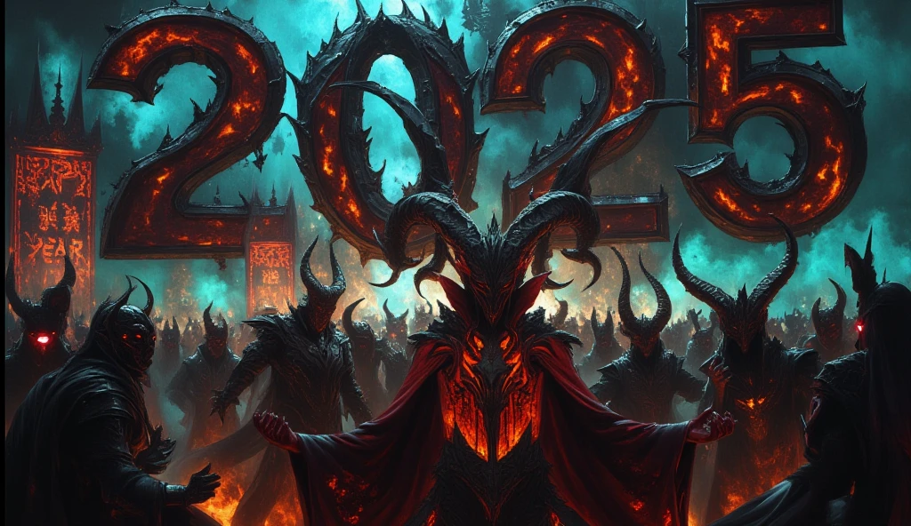 a group of demons celebrating a creepy new year party, detailed demonic figures, horns, glowing eyes, sharp teeth, dark fantasy, eerie atmosphere, neon lights, surreal, glowing effects, cinematic lighting, high contrast, moody colors, deep shadows, bige text "happy new year 2025",