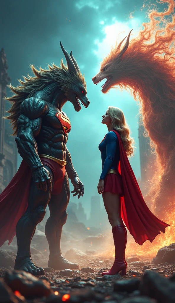 (illustratio: 1.8)(best qualtiy)(tmasterpiece: 1.5) ,tmasterpiece,...png,(Extremely detailed CG unified 8K wallpaper) ,astonishing detail。1 Supergirl,3 monsters。Supergirl was shot off,Painful expression。The monster's fist hits Supergirl's body。Supergirl and monsters are fighting。