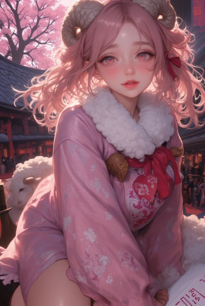 (masterpiece:1.3, top quality :1.3, detailed depiction :1.3, Amazing high definition :1.3, High Quality Anime Paintings ), 1girl, A soft smile:1.3, Pink gloss:1.2,  pink fluffy hair, Tied up hair,,  sheep motif hairpin , round sheep horn :1.2, Thick eyebrows, Pink long-sleeved kimono:1.2, pink long-sleeved kimono:1.2,  with white fur wrapped around the neck,  brown boots , The letters are written with a brush on the unfolded omikuji paper "2025", shrine, Fair stalls line up , torii