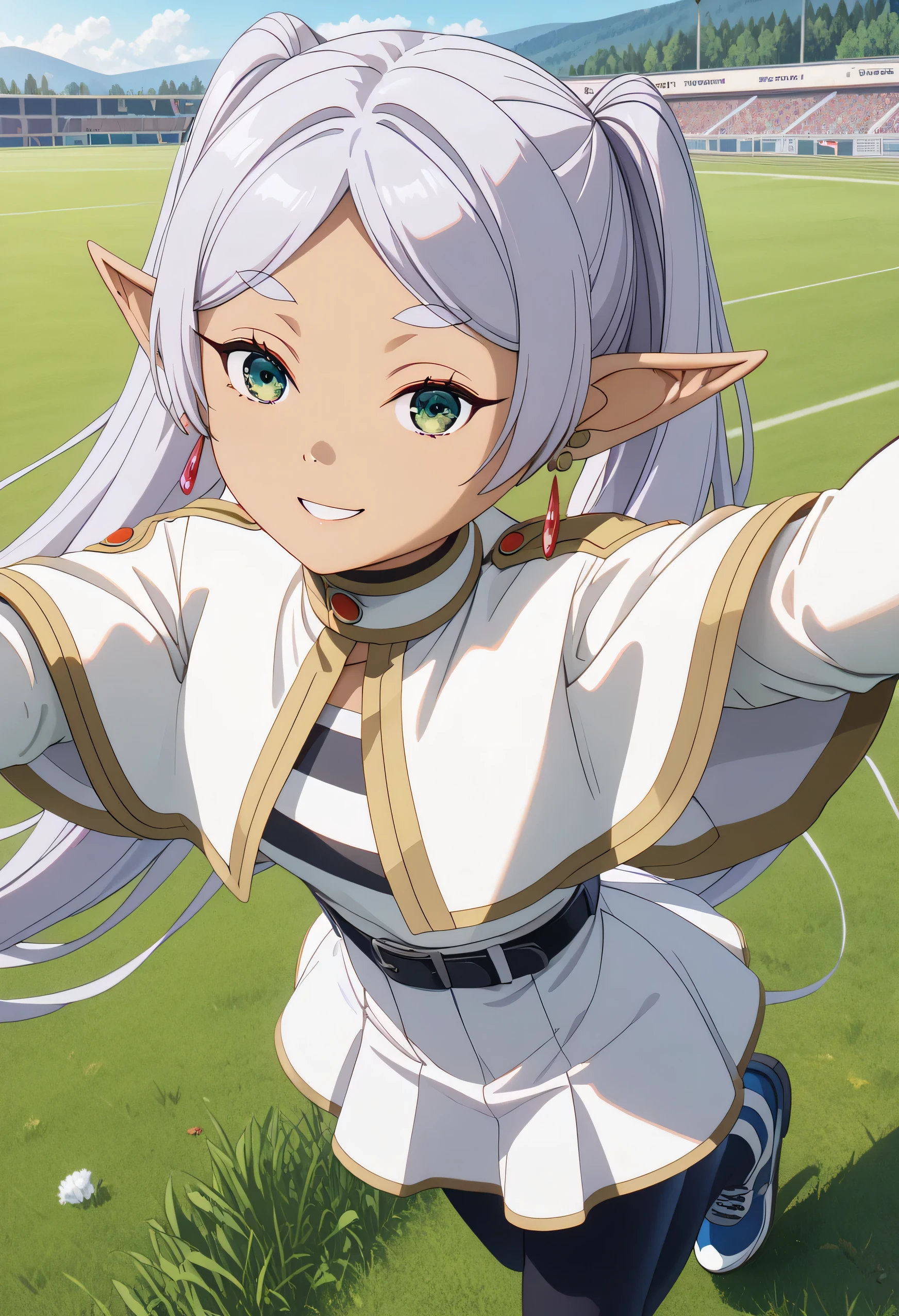 1 girl, ( masterpiece:1.3), (alta resolución), (8K), ( tights), (4k), (pixiv), Perfect face, nice eyes and face , ( best quality), ( super detailed), face and detailed eyes , (Alone), skiing , absurdres, highres, _fast_no_freeze_style, _fast_no_freeze_style, twintail , very long hair, silver hair, pointy ears, elf, white capelet, green eyes, medias negras, Earrings, white skirt , belt, white sleeves, to throw, selfie, luz, smile, light rays, Sunluz, mariposa, grass, Piedra Calle