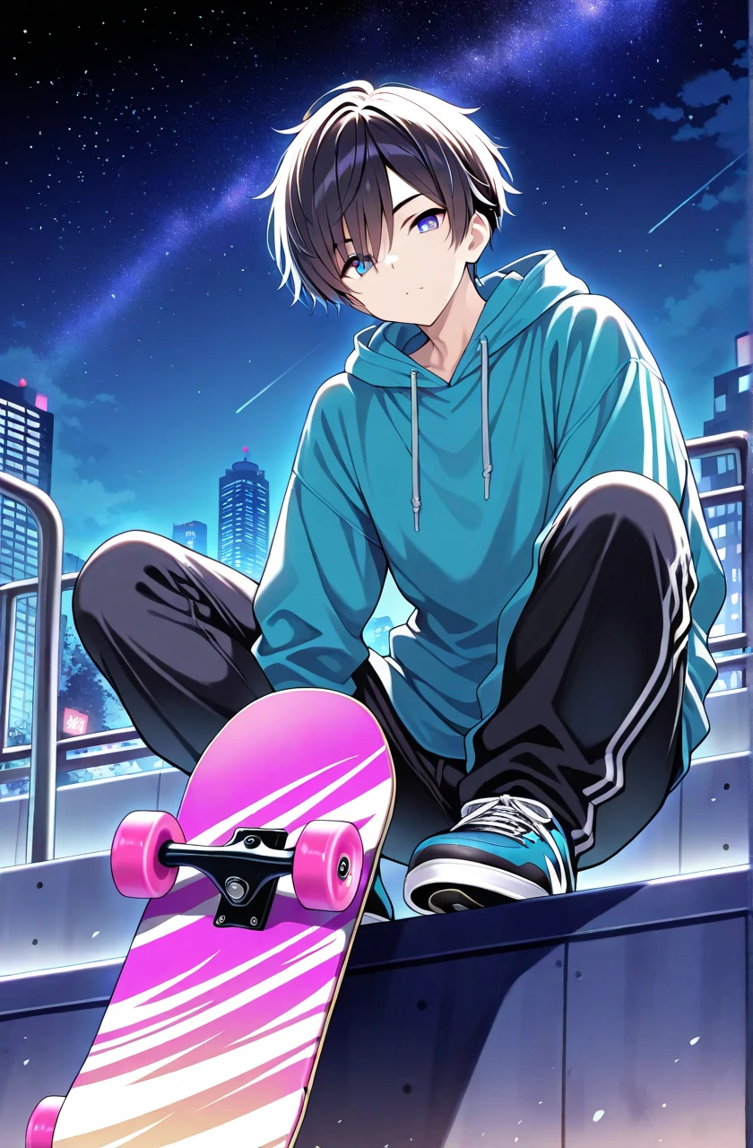 1boy, male focus, china style hair,close up,skateboarder, skateboard, skating ,skate park, city background, night starry sky, vibrant glow, masterpiece, best quality, high detailed, very aesthetic, looking at viewer, 