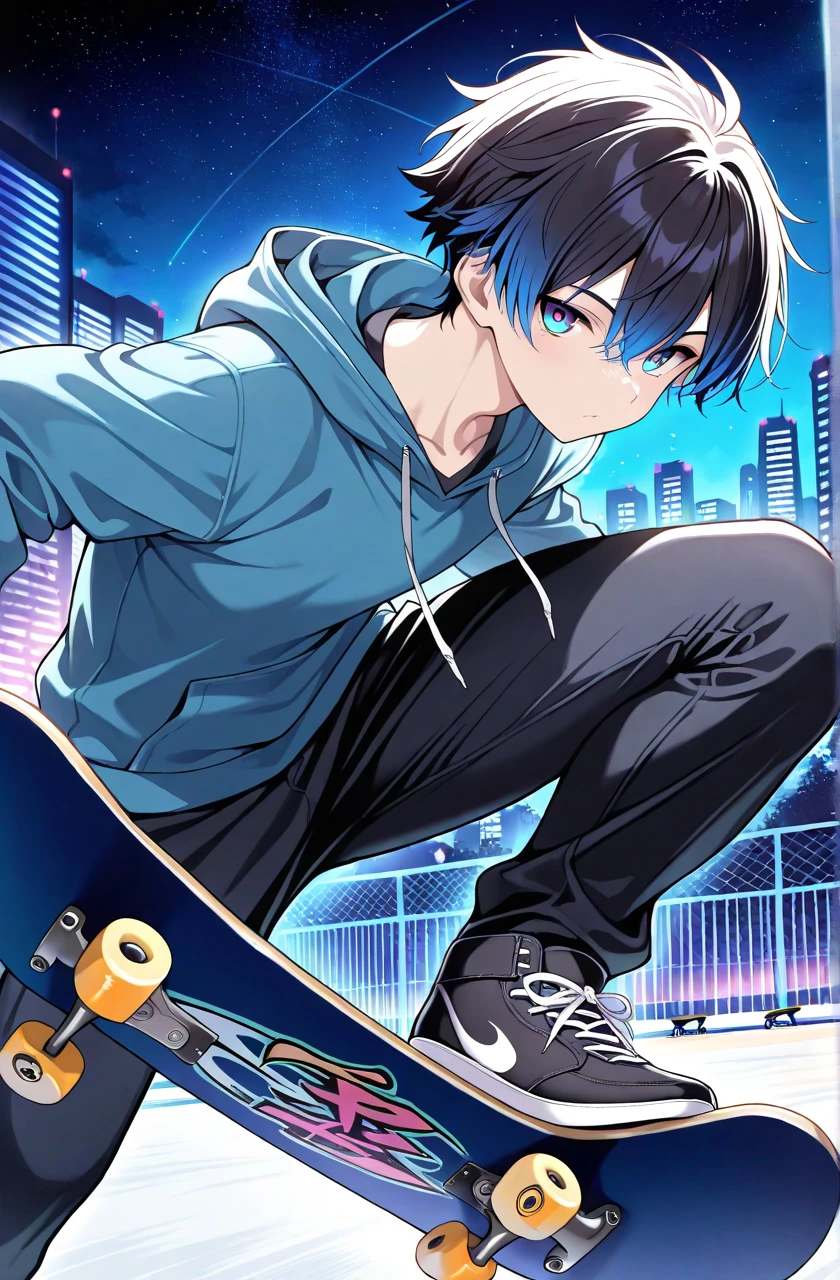 1boy, male focus, china style hair,close up,skateboarder, skateboard, skating ,skate park, city background, night starry sky, vibrant glow, masterpiece, best quality, high detailed, very aesthetic, looking at viewer, 