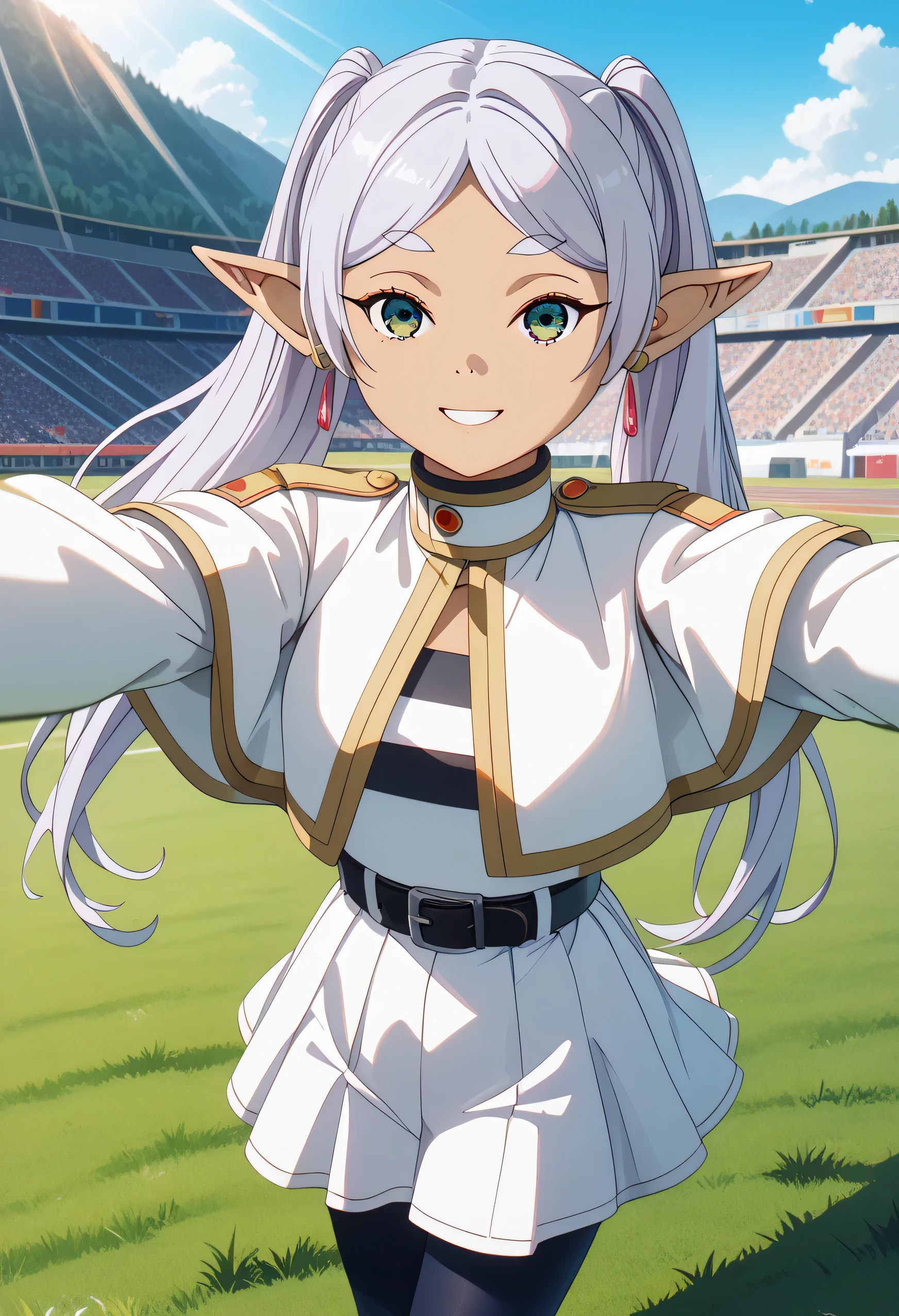 1 girl, ( masterpiece:1.3), (alta resolución), (8K), ( tights), (4k), (pixiv), Perfect face, nice eyes and face , ( best quality), ( super detailed), face and detailed eyes , (Alone), skiing , absurdres, highres, _fast_no_freeze_style, _fast_no_freeze_style, twintail , very long hair, silver hair, pointy ears, elf, white capelet, green eyes, medias negras, Earrings, white skirt , belt, white sleeves, to throw, selfie, luz, smile, light rays, Sunluz, mariposa, grass, Piedra Calle