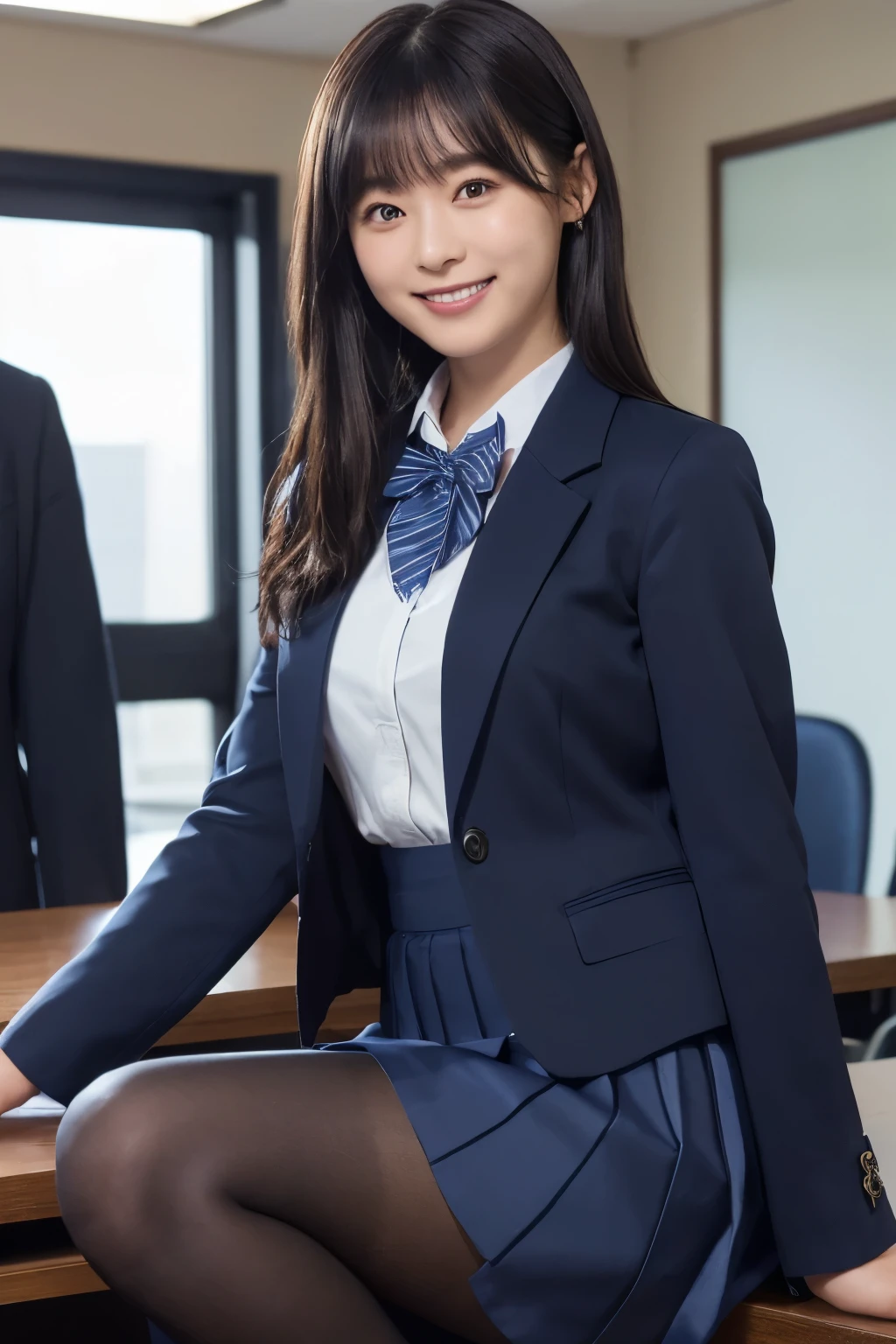highest image quality taken by Ki、HDR、(( navy blue jacket ))、((Long tight skirt that hides the knee in plain navy blue ))、White blouse、((navy blue plain large bow tie))、((( black pantyhose)))、(( black loafers))、((Standing figure up to the knee ))、 cute high school girl with long hair and tentacles、Height: 160cm、 smile like an idol、 smiling and smiling、 professional writing、((Sitting on a desk in a high school classroom))、(( highest image quality taken by Ki)),((Beautiful double eyelids ))、( Long Lashes )、((( The blazer and skirt are the same dark blue color and the material is the same)))、(( dark brown shiny hair ))、((Model Face Change ))、(( Ribbon Design Change))、((No handkerchief))、 very short hair、G-Cup、(( best smile ))、As cute as a popular idol、((The jacket and skirt are the same color))、(( front angle ))