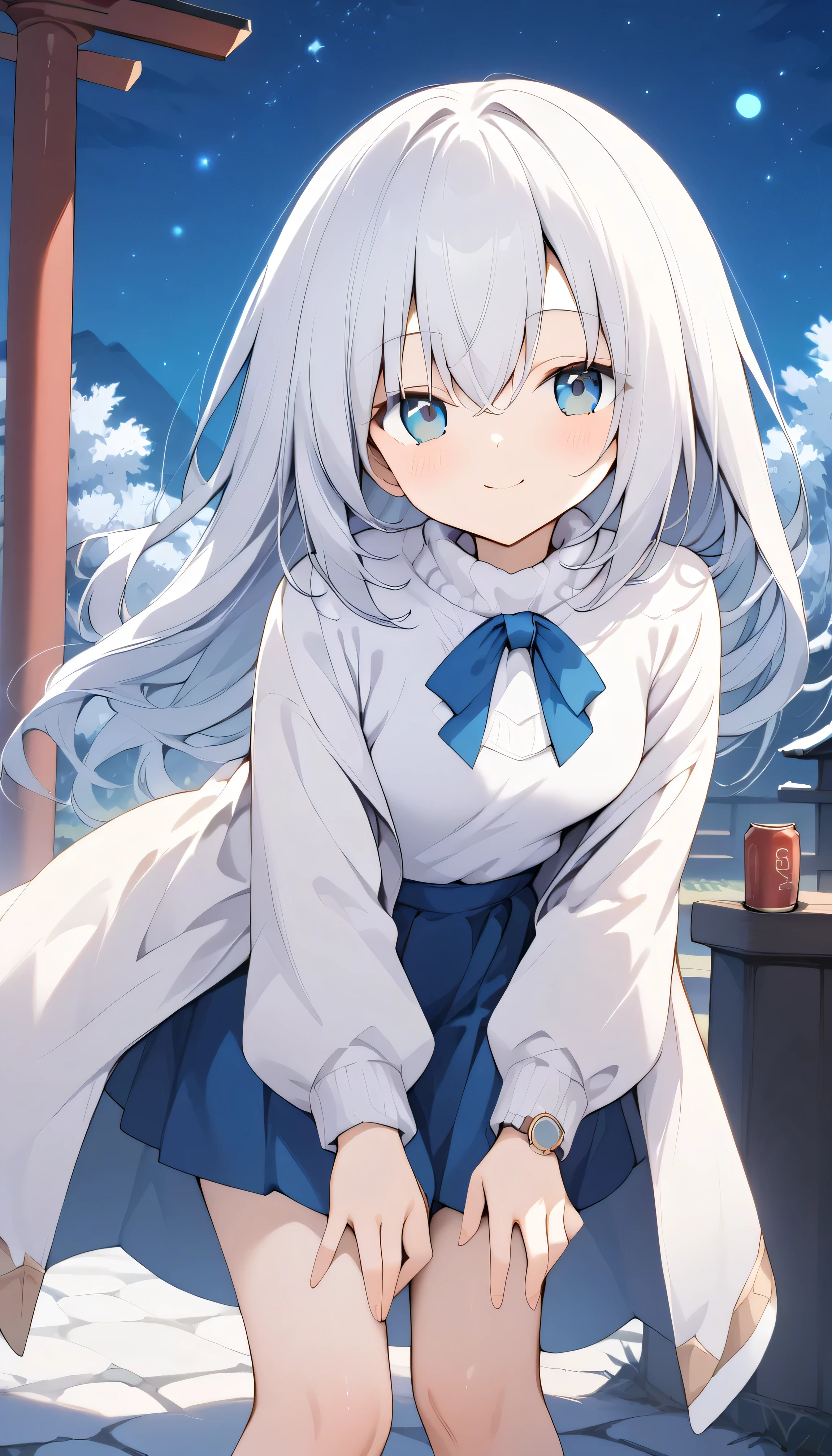 white hair blue eyes small breasts long hair stupid hair Alone, can see his eyebrows from inside his hair, hair between eyes , Watch Viewers , masterpiece, top quality , Outdoors field shrine in the night Night Sky starry sky snowy first visit of the year to a shrine Cobblestones steam winnter background, White Breath sweater long coat pleated skirt close your mouth smile leaning forward